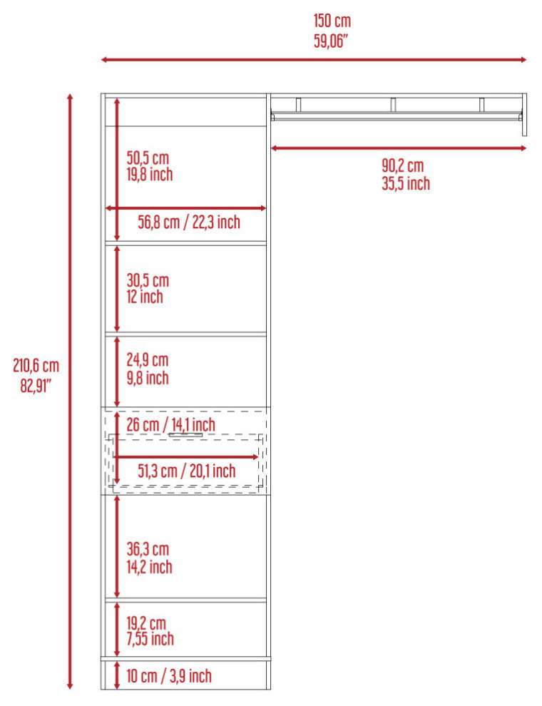 Hybrid 150 Closet System with 5 Open Shelves, 1 Drawer, and Metal Rod, Black