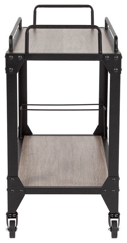 Light Oak Wood and Iron Kitchen Serving and Bar Cart With Wine Glass Holders