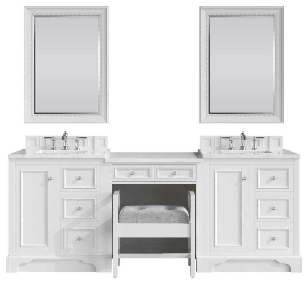 De Soto 90" Bright White Double Vanity Deluxe Set, 3cm Jasmine Pearl Top