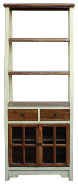Oriental Cream White Brown Glass Door China Bookcase Cabinet Hcs4173