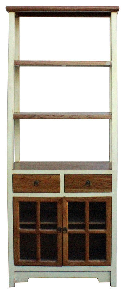 Oriental Cream White Brown Glass Door China Bookcase Cabinet Hcs4173