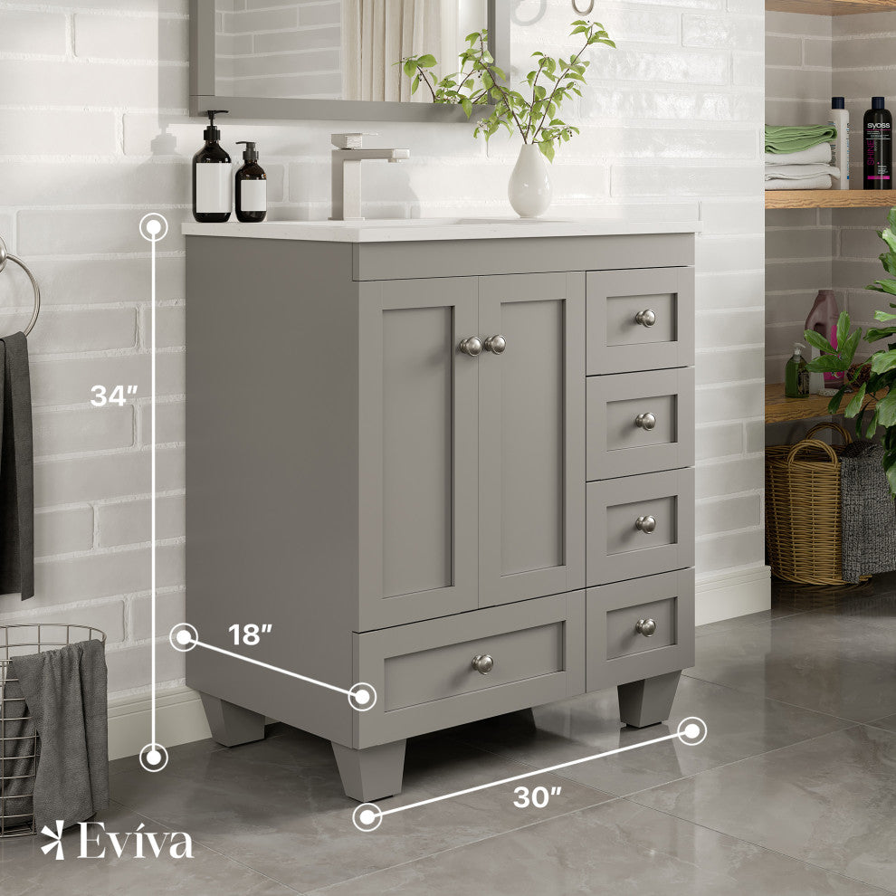 Eviva Happy 30"Wx18" Bathroom Vanity, White Carrara Quartz Countertop