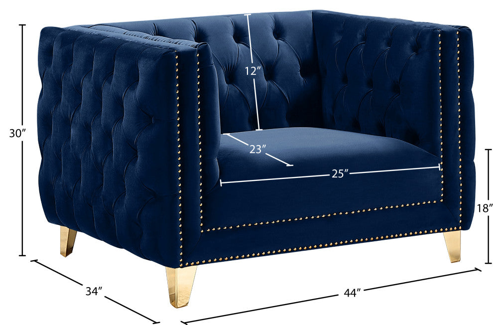 Michelle Fabric Upholstered Chair, Gold Iron Legs, Navy, Velvet, Chair
