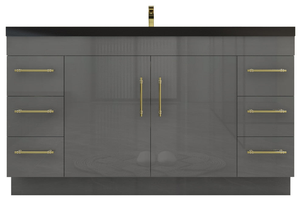 Rosa 60" Free Standing Modern Vanity, High Gloss Gray, Matt Black Top