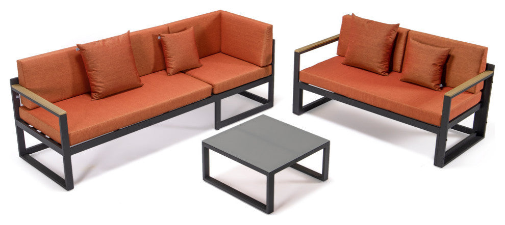 LeisureMod Chelsea Modern Black 3 Piece Outdoor Aluminum Sectional Set for Patio, Orange