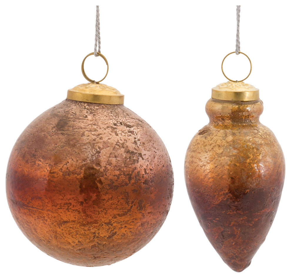 Distressed Mercury Glass Ornmanet, Set of 6