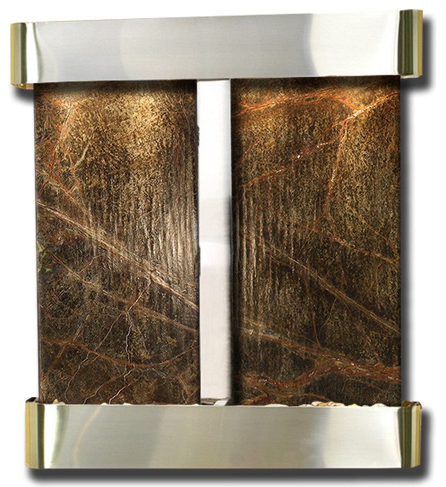 Aspen Falls Wall Fountain, Stainless Steel, Rainforest Green Marble, Round Frame