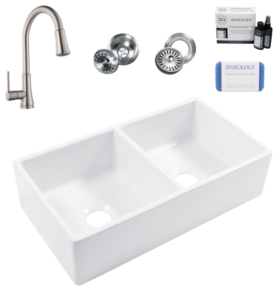 Turner White Fireclay 33" Double Bowl Farmhouse Undermount Kitchen Sink Kit