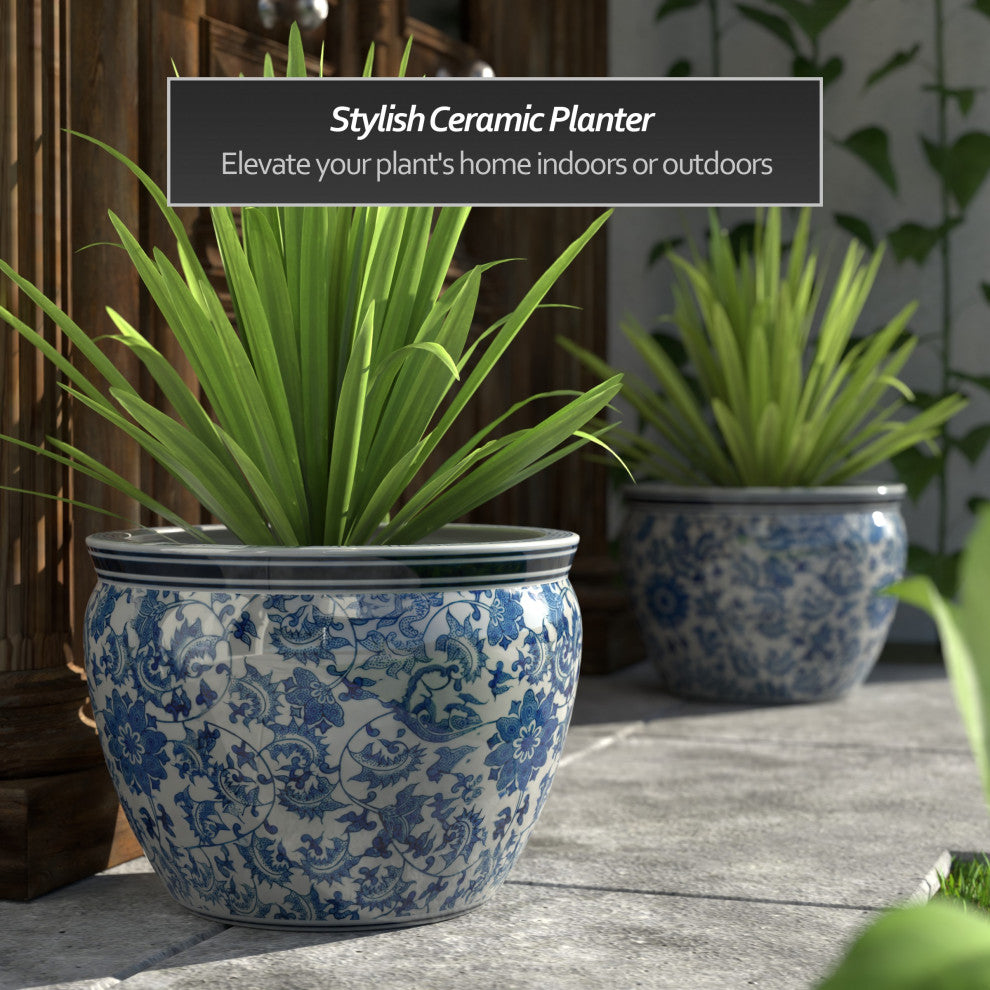 18" Porcelain Fishbowl Blue and White Floral