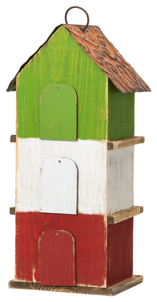 Three-Tiered Distressed Solid Wood Birdhouse