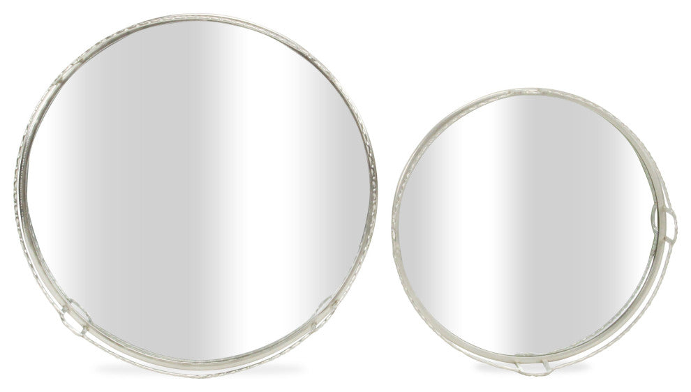 Mianzi Round Quilted Rim Silver Metal Trays (Set of 2)