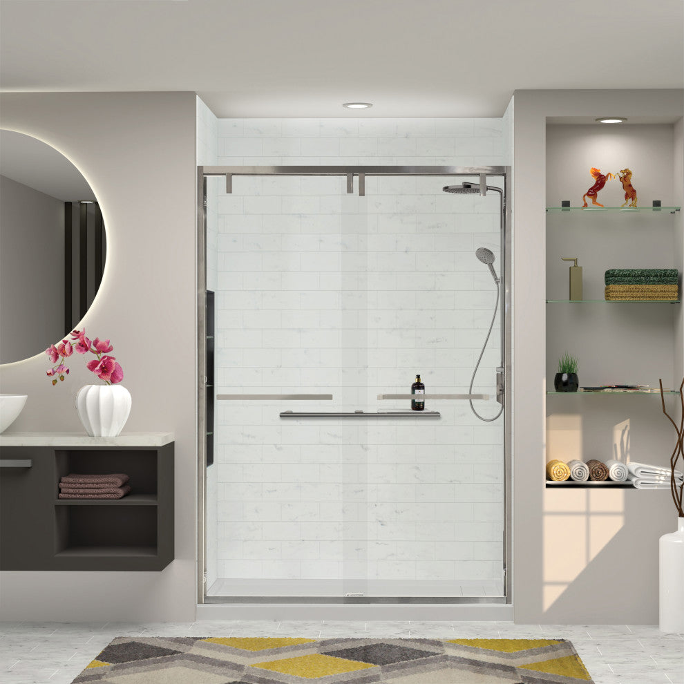 Eden 56-60" W x 80" H Shower Door, Iron Glass, Brushed Stainless, Sabrina