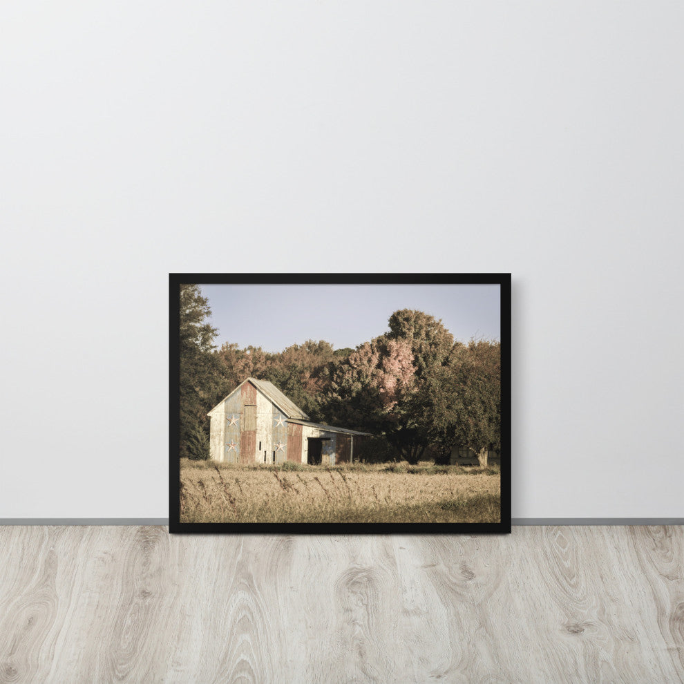 Patriotic Barn in Field Aged Effect Framed Photo Paper Wall Art Prints, Black, 18" X 24"