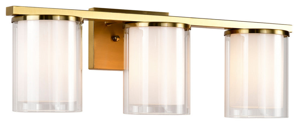 3-Light Gold Modern Vanity Light With Clear Glass and White Glass Dual Shades