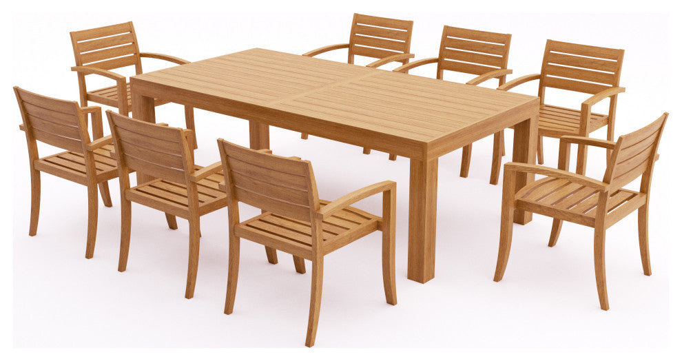 9-Piece Outdoor Teak Dining Set: 86" Rectangle Table, 8 Trav Stacking Arm Chairs
