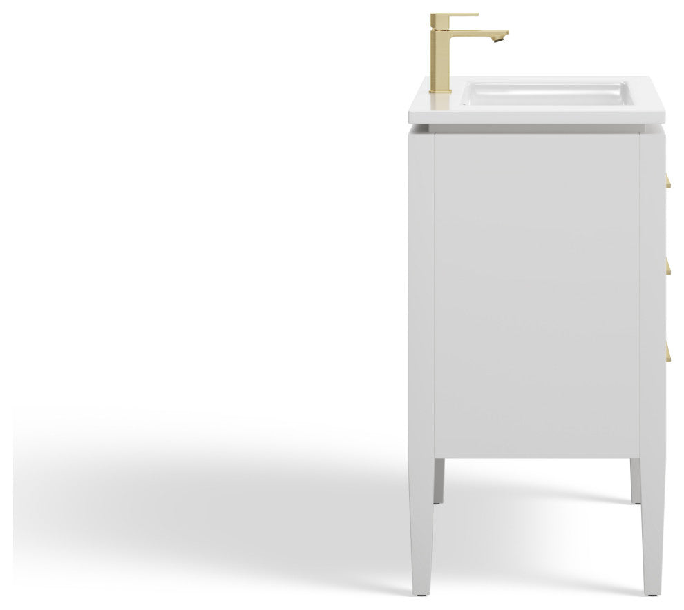 Celios Bathroom Vanity, White With Brass Trim, 30", Single Sink, Freestanding