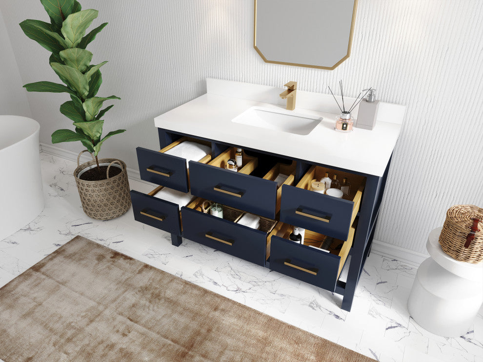 Parker 48 Single Sink Bath Vanity in Navy Blue  2" White Quartz