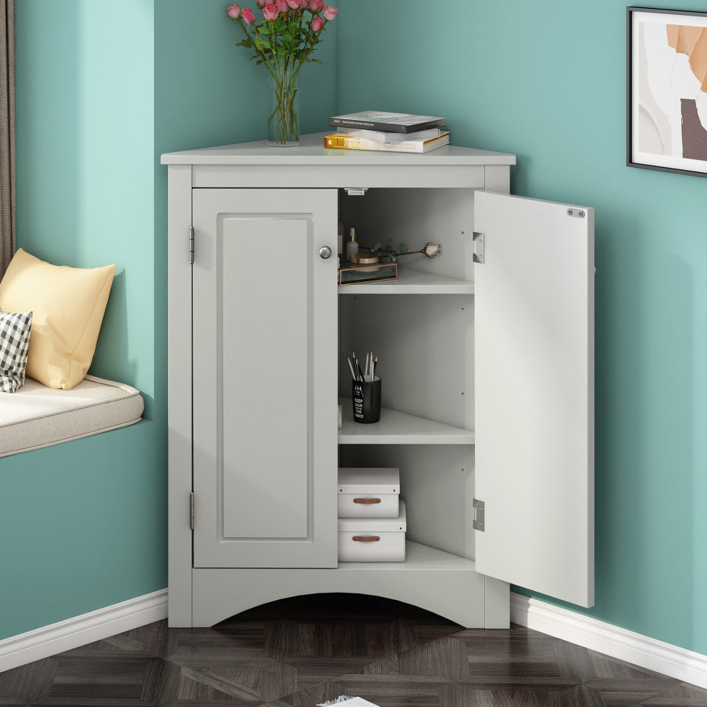 Stylish Triangle Bathroom Storage Cabinet with Adjustable Shelves, Gray