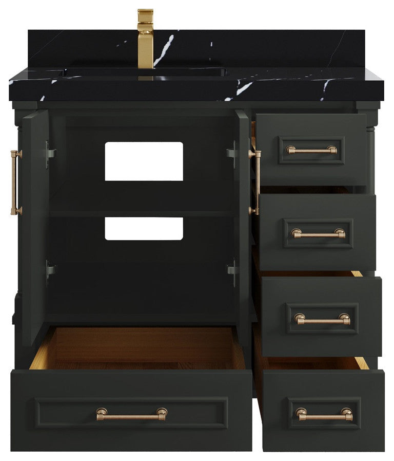 Aberdeen 36 Left Offset Bath Vanity in Black Top 2" Calacatta Black