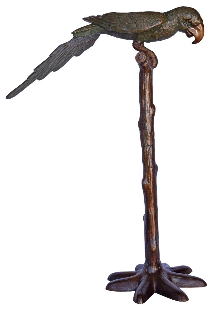 Parrot on a Tree Watching Forward Bronze Statue - Size: 36"L x 15"W x 41"H.