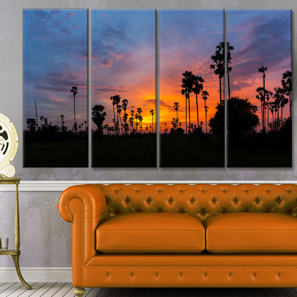 Sugar Palm Tree Silhouette, Landscape Canvas Art Print, 48"x28", 4 Panels