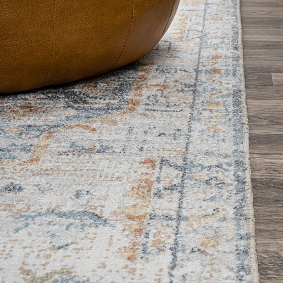 Shaemus Bohemian Medallion Low-Pile Machine-Washable Rug, Cream/Blue/Terra 5x8
