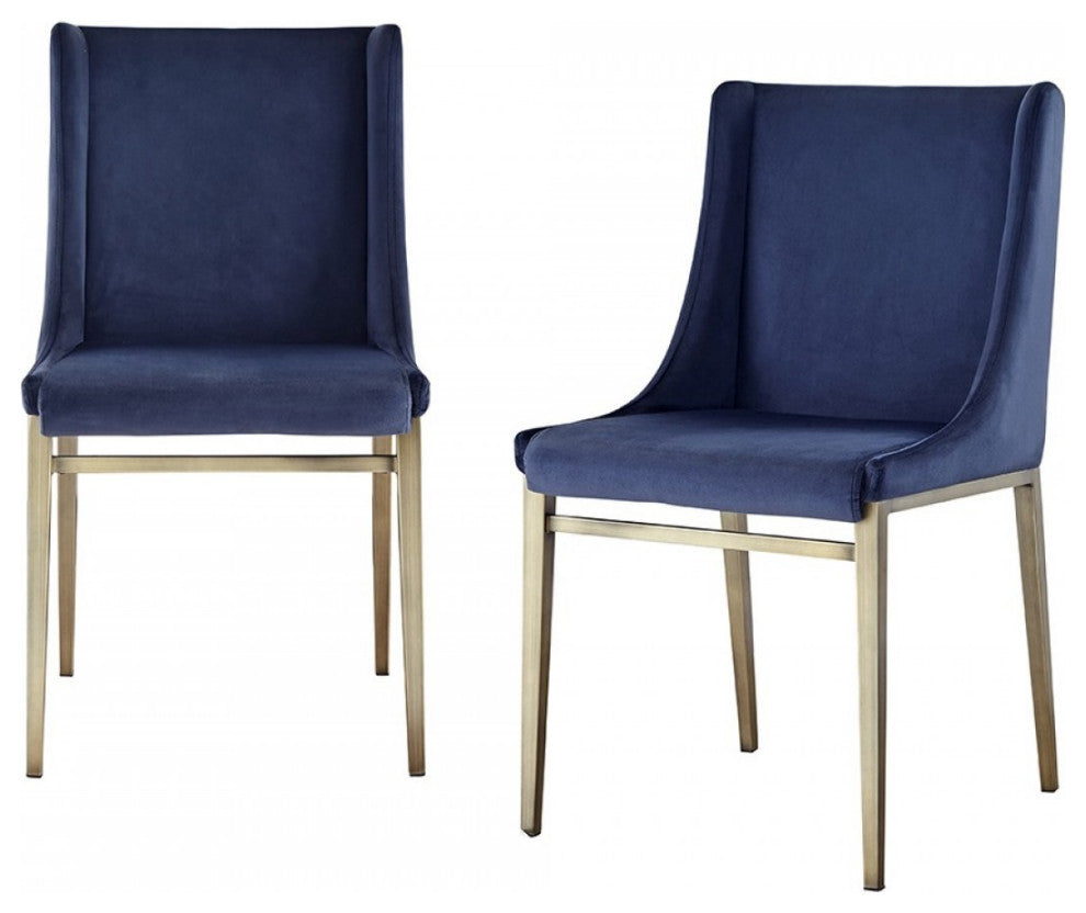 Set of Two Blue Velvet Antique Brass Contemporary Dining Chairs