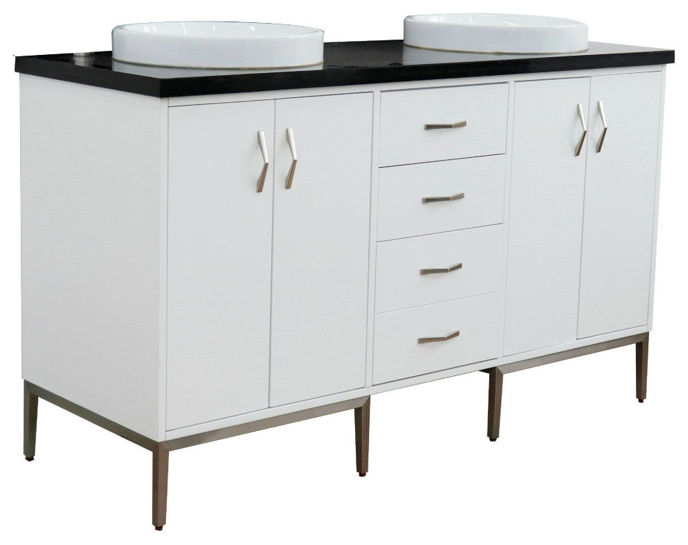 61" Double Sink Vanity, White Finish With Black Galaxy Granite And Round Sink