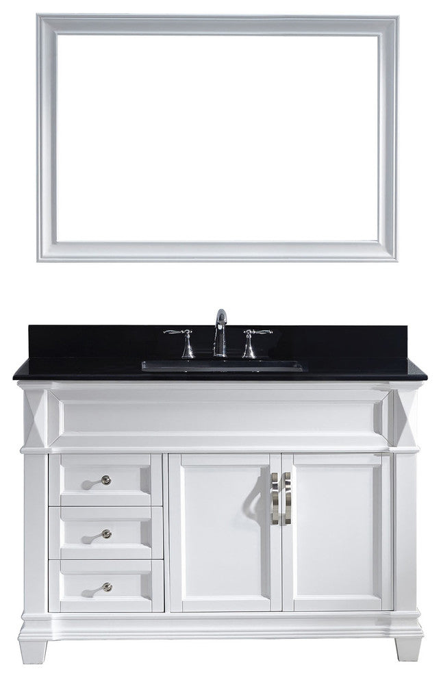 Virtu Victoria 48" Single Bathroom Vanity, White, Black Granite Top, Mirror