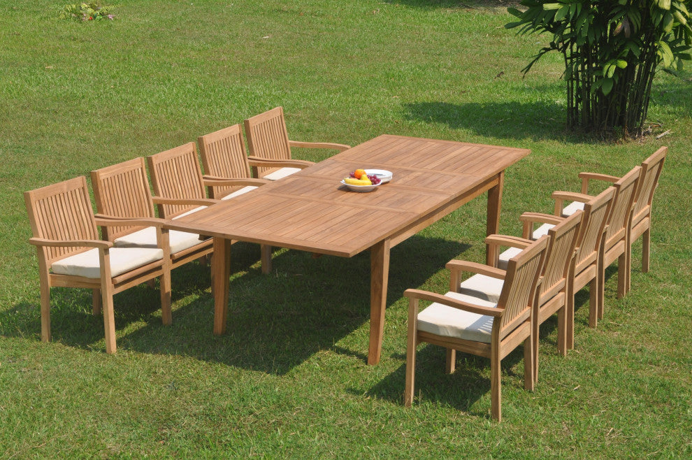 11-Piece Teak Dining Set 122" X-Large Rectangle Table, 10 Lev Stacking Arm Chair