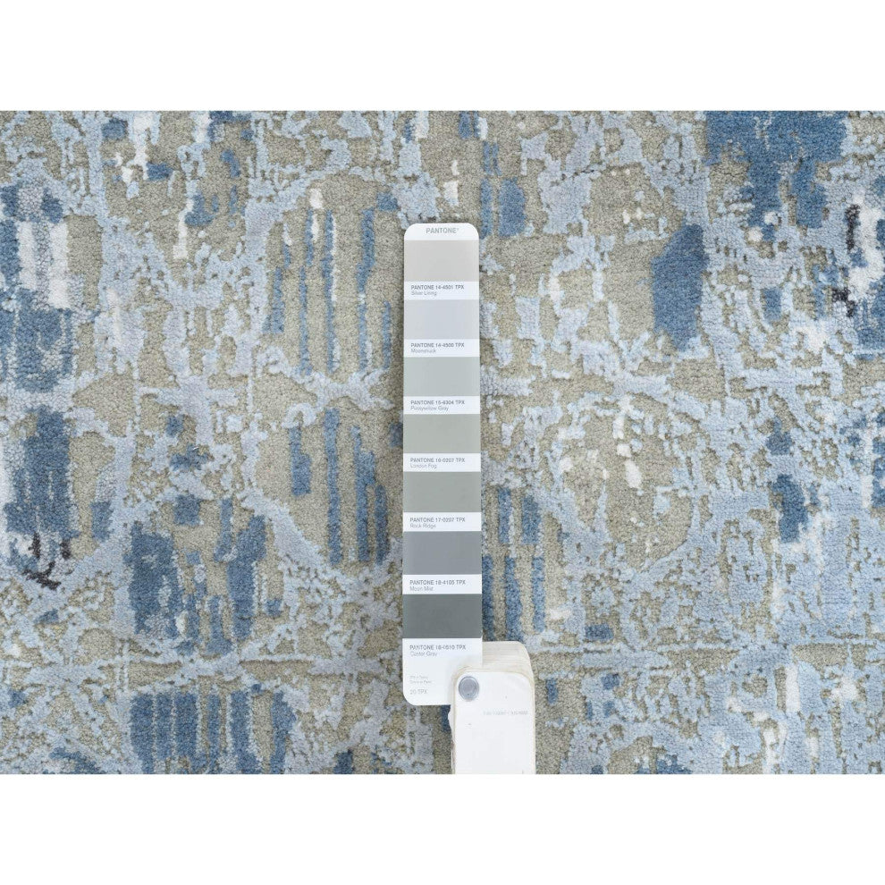 Gray and Blue, THE HONEYCOMB, Wool and Silk Hand Knotted Runner Rug, 2'6"x8'0"