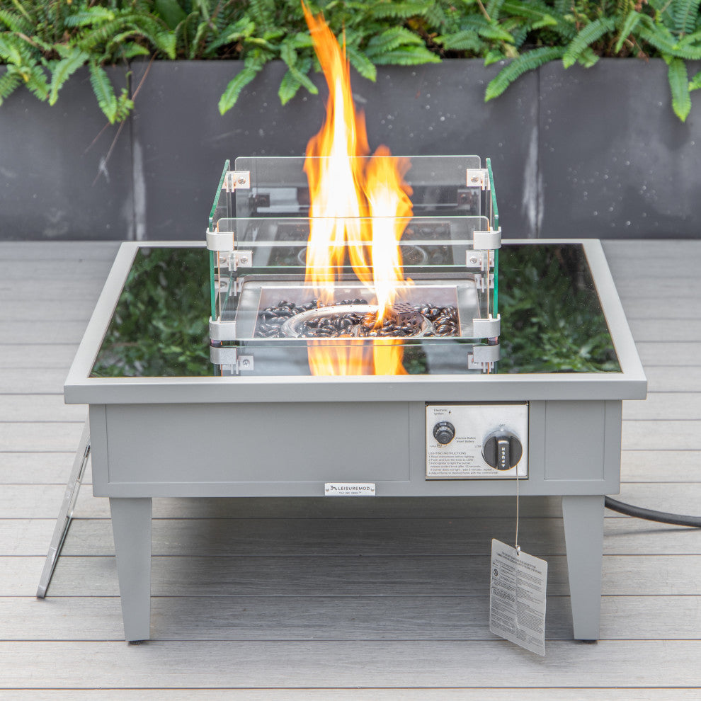 Leisuremod Walbrooke Patio Square Fire Pit Table With Aluminum Frame, Gray