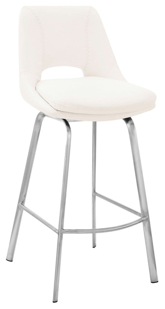 Carise White Faux Leather and Brushed Stainless Steel Swivel 26" Counter Stool