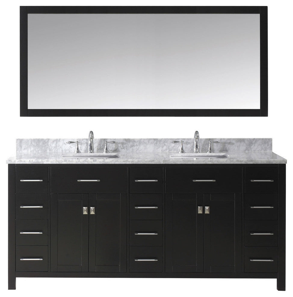 Virtu Caroline Parkway 72" Double Bathroom Vanity, Espresso With Faucet, Mirror