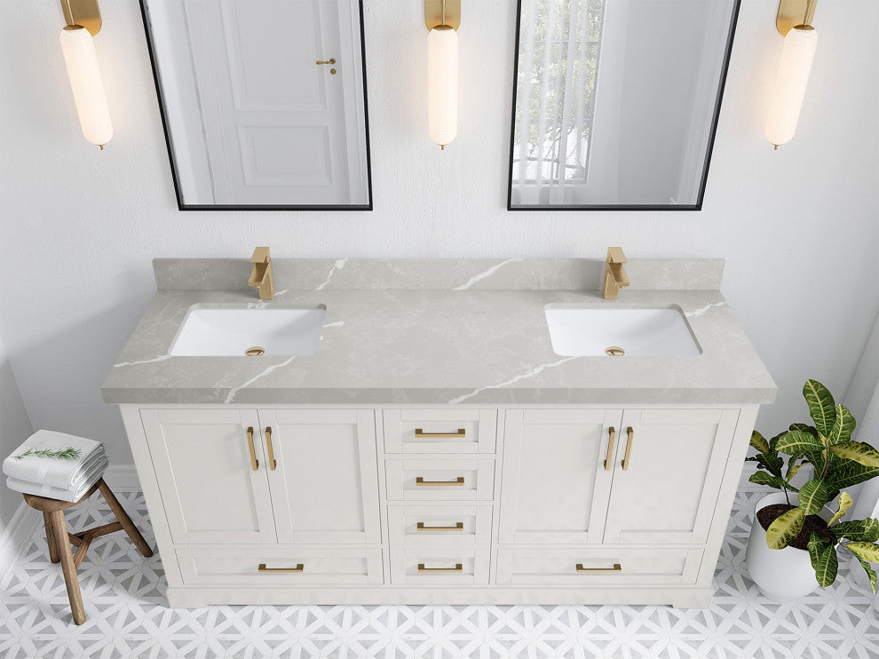 Boston 72" Double Sink Bath Vanity in Alabaster 2" Pearl Gray