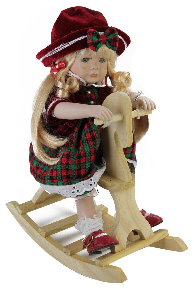17.5" Porcelain "Jamie" on Wooden Rocking Horse Collectible Christmas Doll
