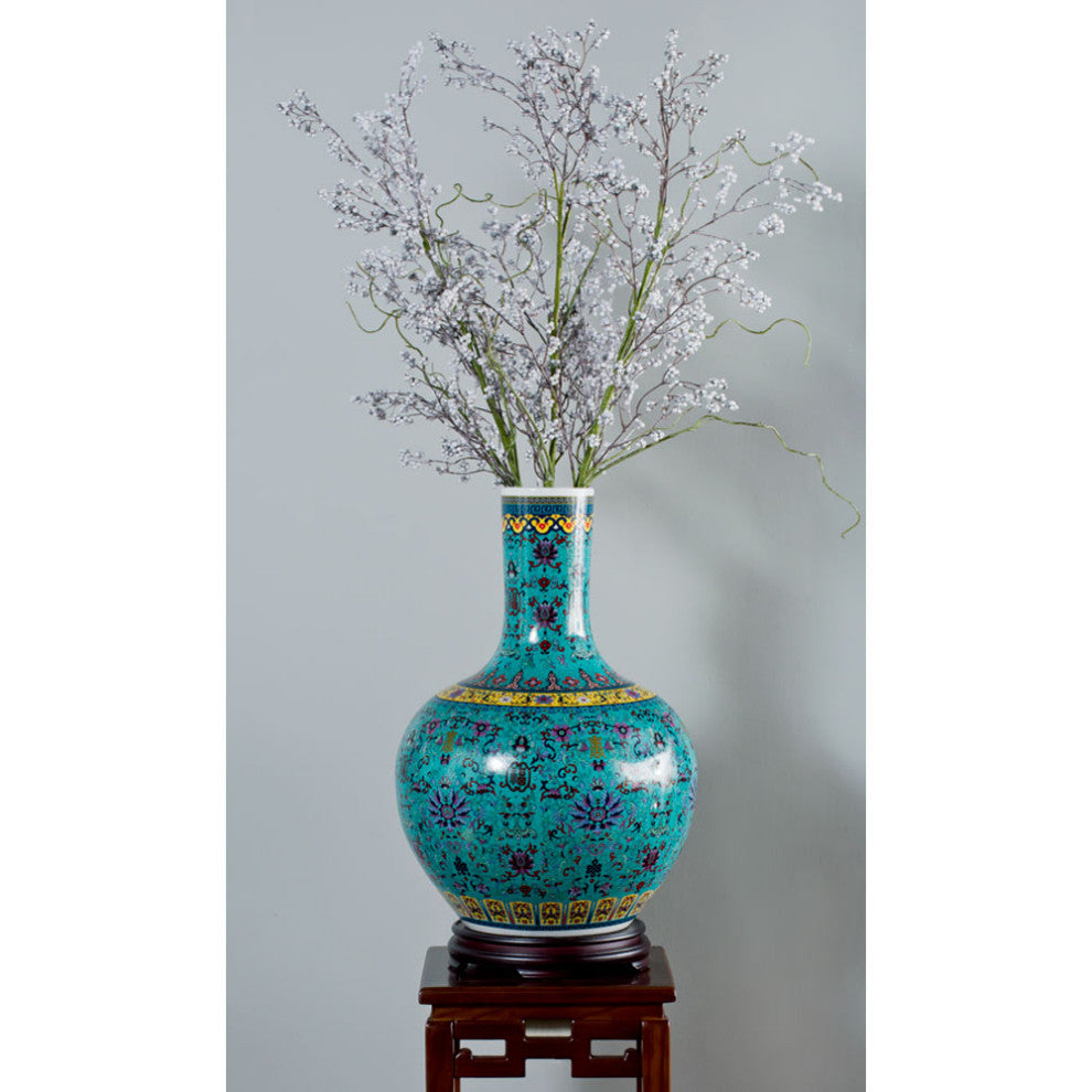 Dark Teal Blue Imperial Chinese Porcelain Temple Vase, With Stand
