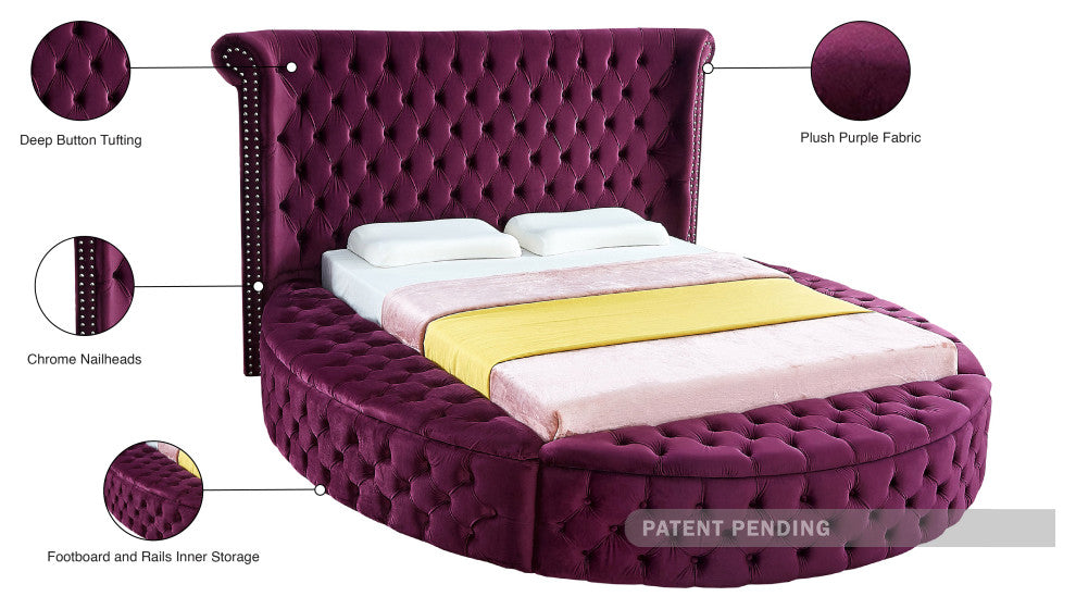 Luxus Button Tufted Velvet Round Bed, Purple, King