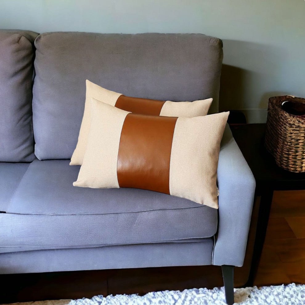 Set of 2 Brown Faux Leather Lumbar Pillow Covers