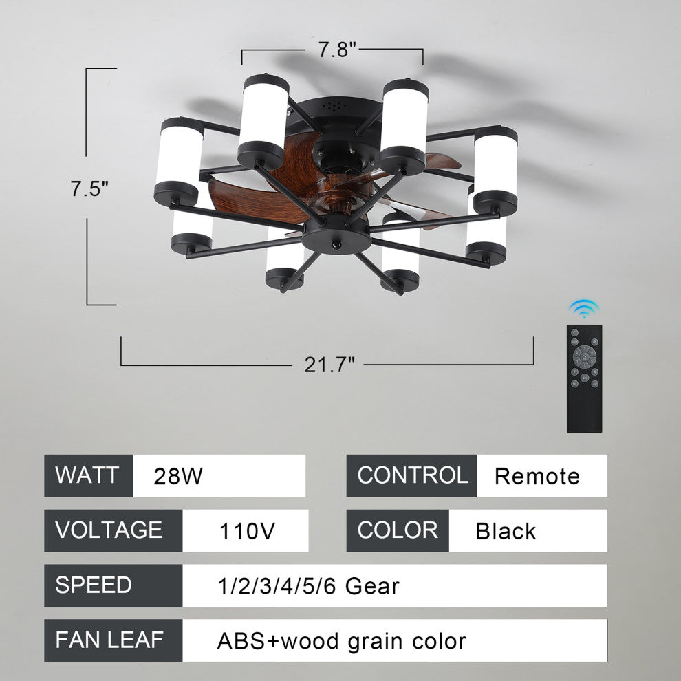 22 in. W x 8 in. H Iron Ceiling Fan in Black and White with Dimmable LED Lights