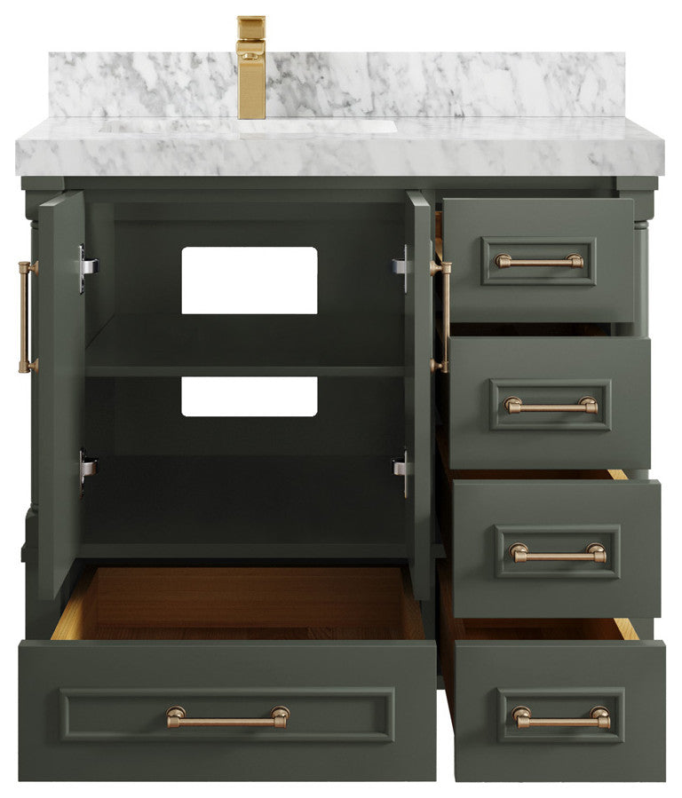 Aberdeen 36 Left Offset Bath Vanity in Pewter Green 2" Carrara Marble