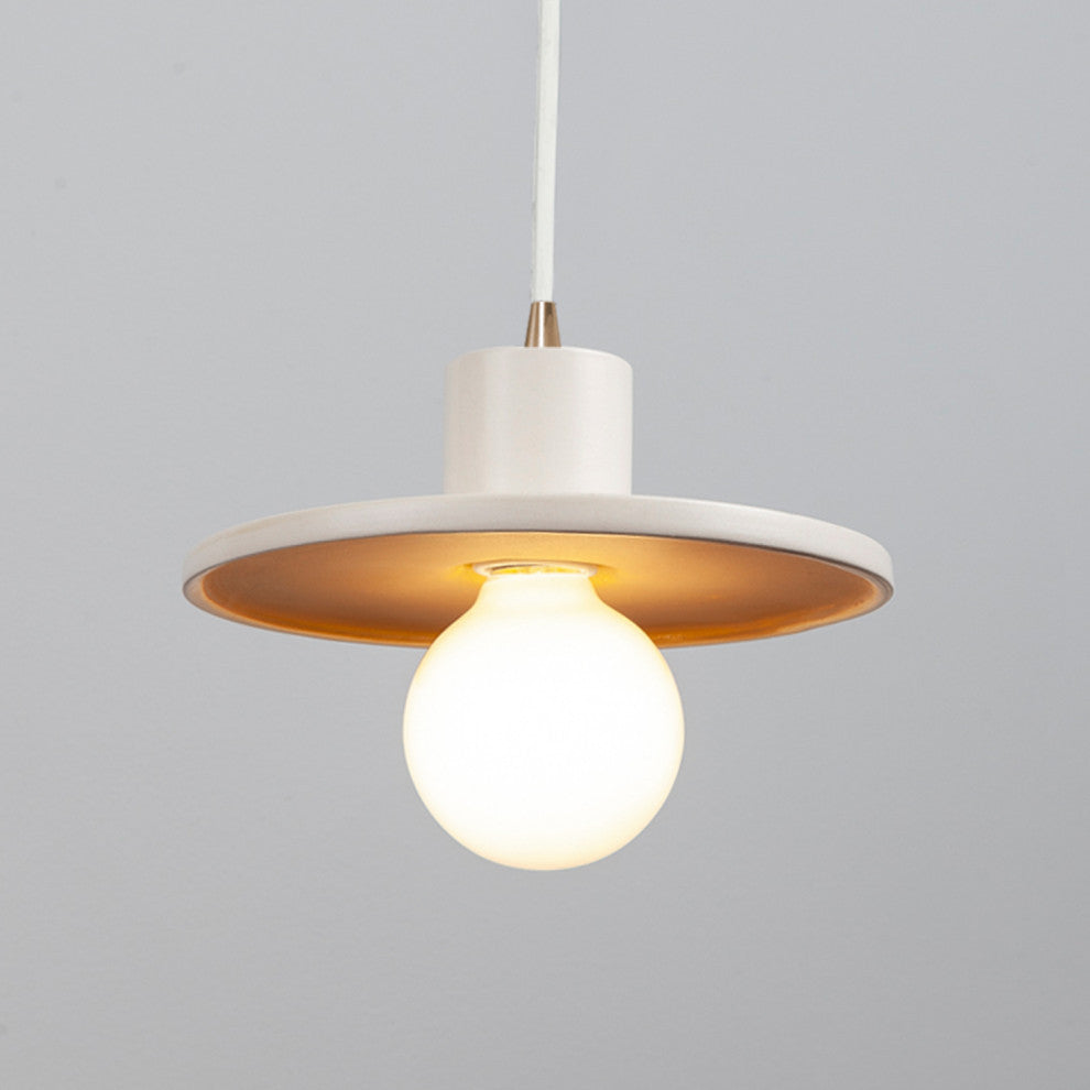 Saucer Pendant, Matte White w/ Champagne Gold, Antique Brass, White Cord