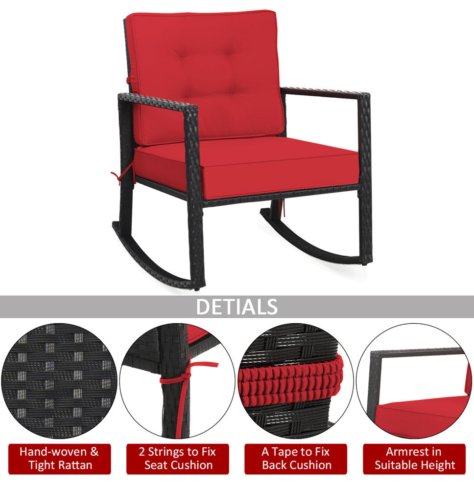 Costway 2PCS Patio Rattan Rocker Chair Outdoor Glider Rocking Chair Cushion Red