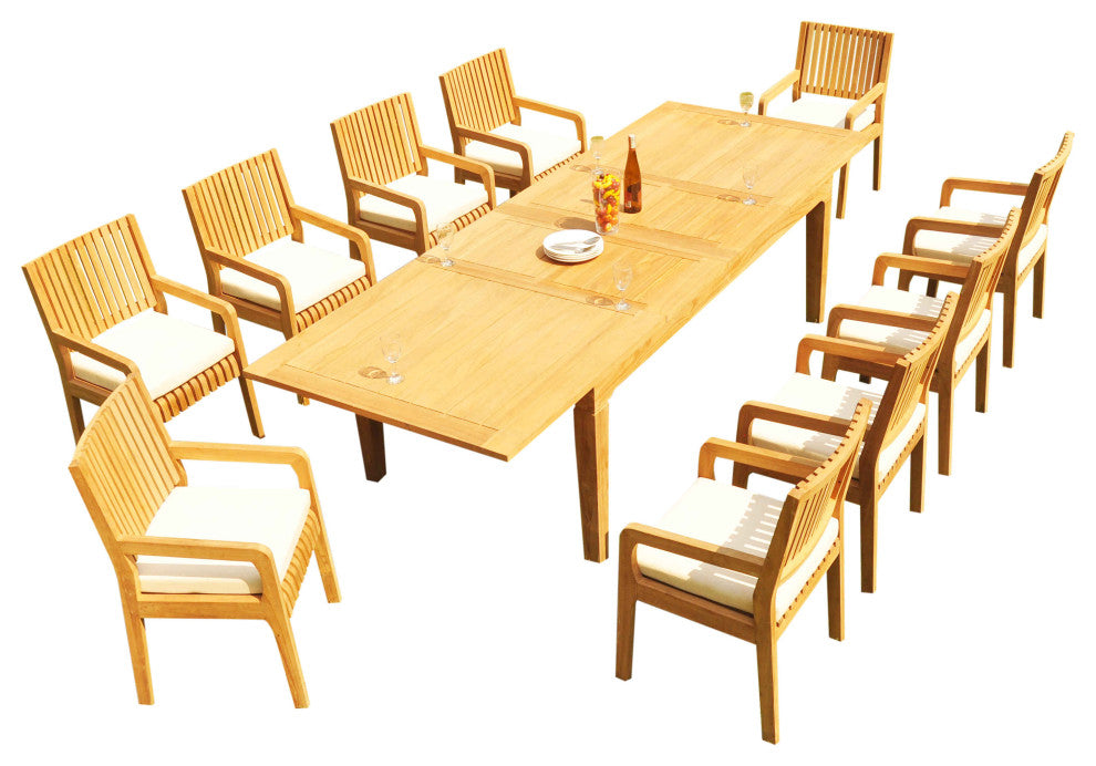 11-Piece Outdoor Teak Dining Set: 122" Rectangle Table, 10 Maldives Arm Chairs