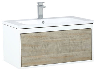 Scopi 30 Rustic Acacia Vanity, Acrylic Top With Sink, Gun Metal Faucet Set