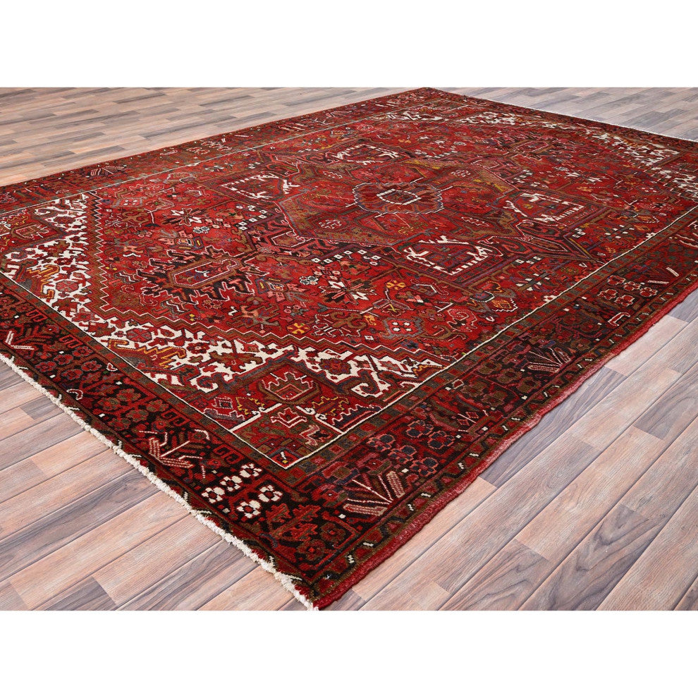 Imperial Red Semi Antique Persian Heriz Worn Wool Hand Knotted Rug 8'2"x11'3"