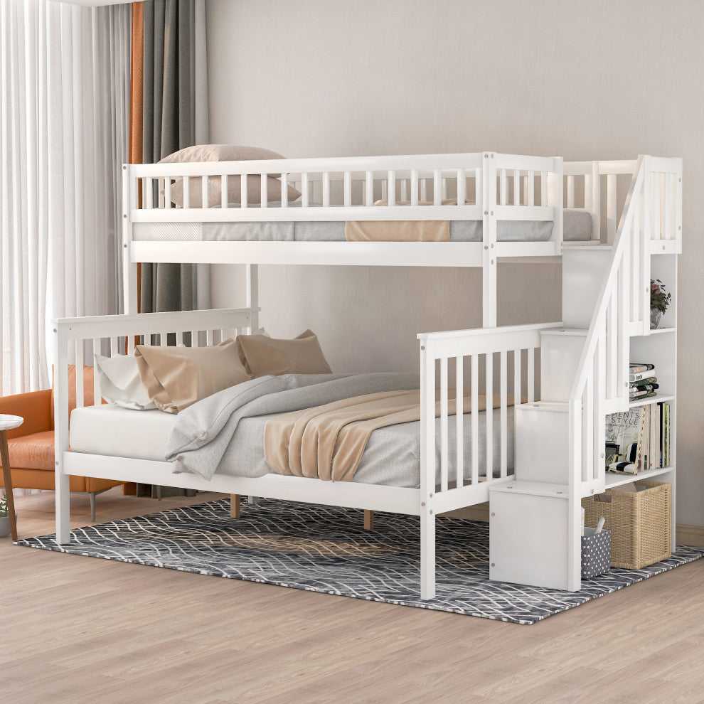 Gewnee Wood Twin Over Full  Bunk Bed with Storage Stairway in White
