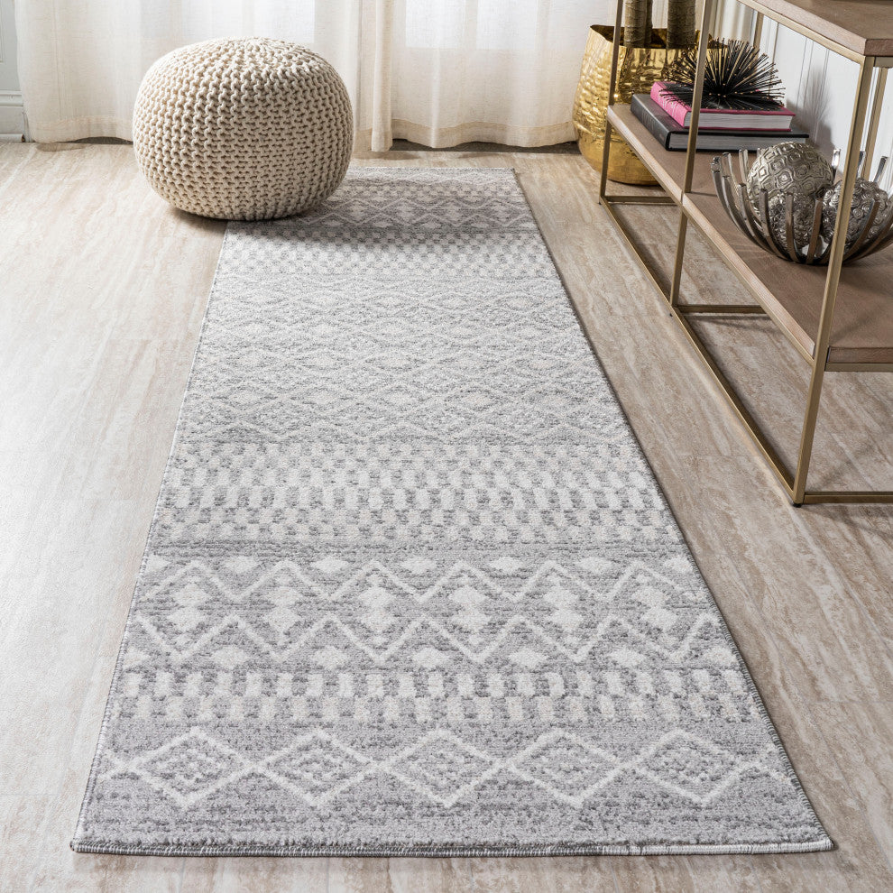 Ifrane Berber Geometric Stripe Runner Rug, Gray/Cream, 2x8