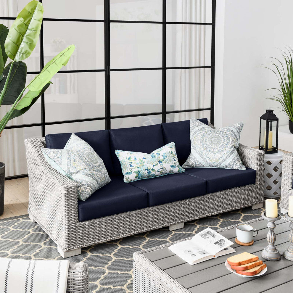 Conway Outdoor Patio Wicker Rattan Sofa Light Gray Navy