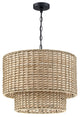 20" W 4-Light Rattan Tiered Drum Chandelier Light With Black Canopy